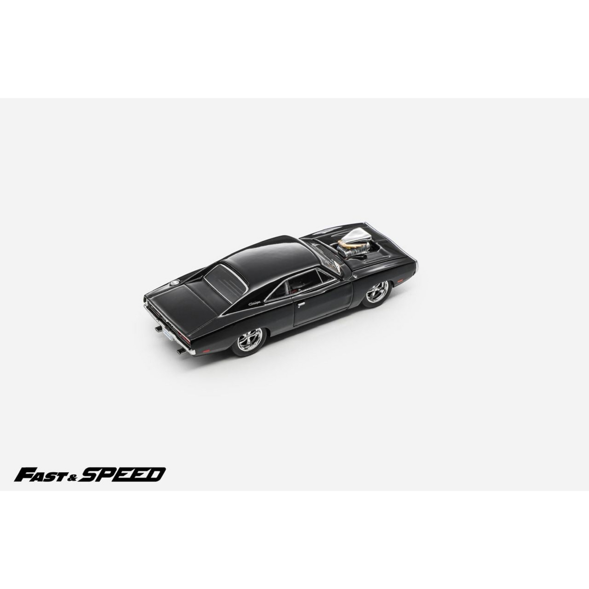 Lot57Supplies Diecast Shop Fast Speed 1:64 scale black Dodge Charger R/T diecast model with open hood and engine detail