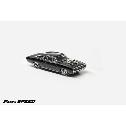 Lot57Supplies Diecast Shop 1:64 scale black Fast Speed Dodge Charger R/T diecast car with exposed engine detail