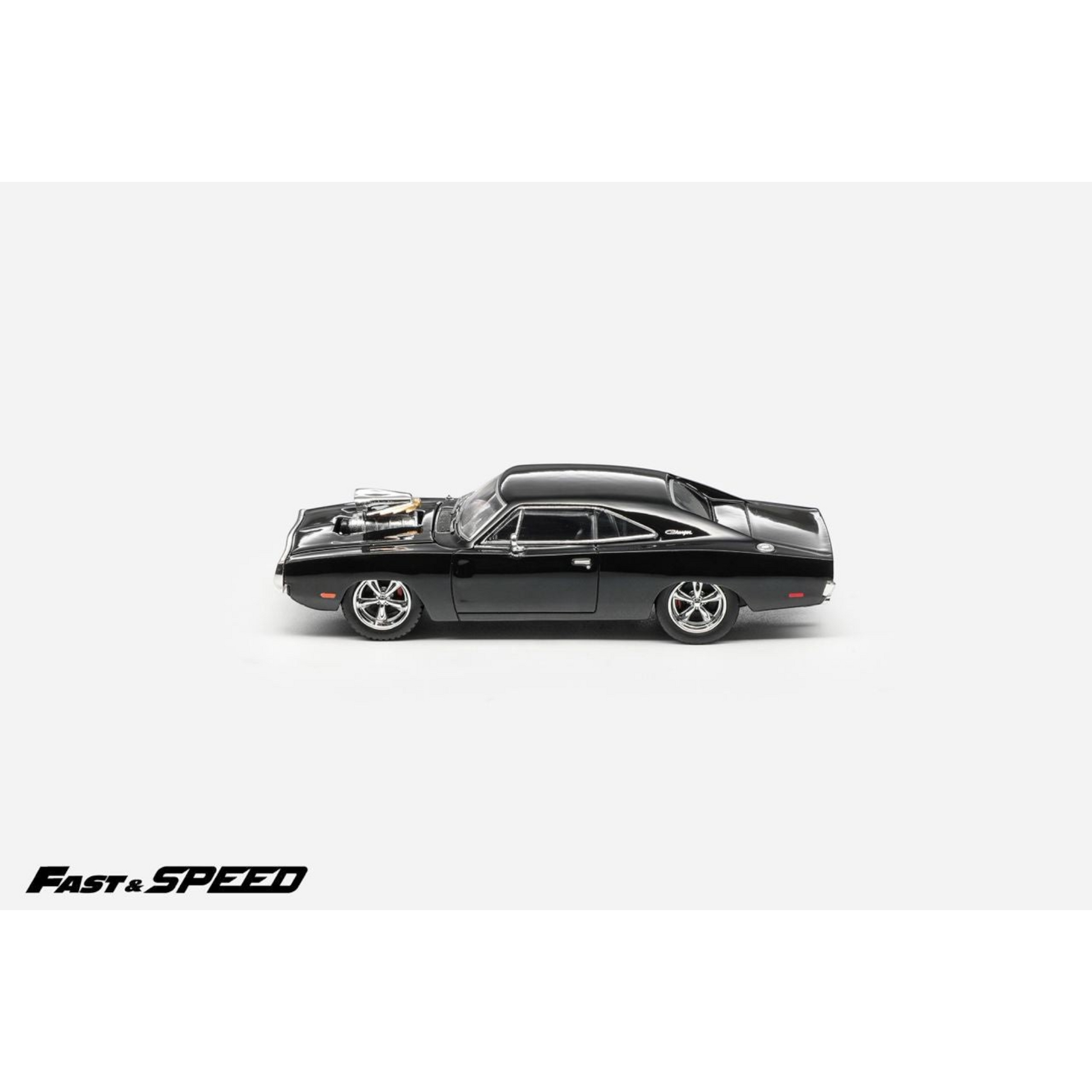 Lot57Supplies Diecast Shop Fast Speed 1:64 scale black Dodge Charger R/T diecast model with engine detail