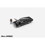 Lot57Supplies Diecast Shop Fast Speed 1:64 black Dodge Charger R/T diecast model with open hood and included figure