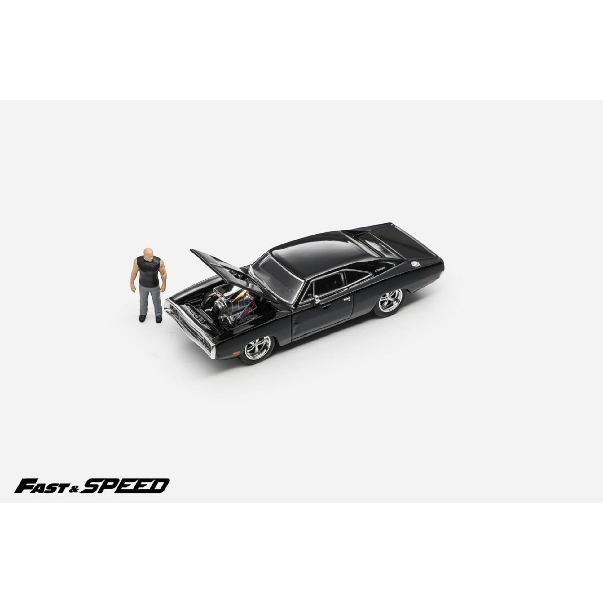 Lot57Supplies Diecast Shop Fast Speed 1:64 black Dodge Charger R/T diecast model with open hood and included figure