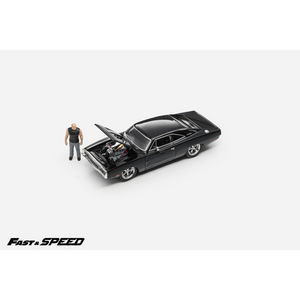 Lot57Supplies Diecast Shop Fast Speed 1:64 black Dodge Charger R/T diecast model with open hood and included figure