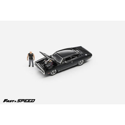 Lot57Supplies Diecast Shop Fast Speed 1:64 black Dodge Charger R/T diecast model with open hood and included figure