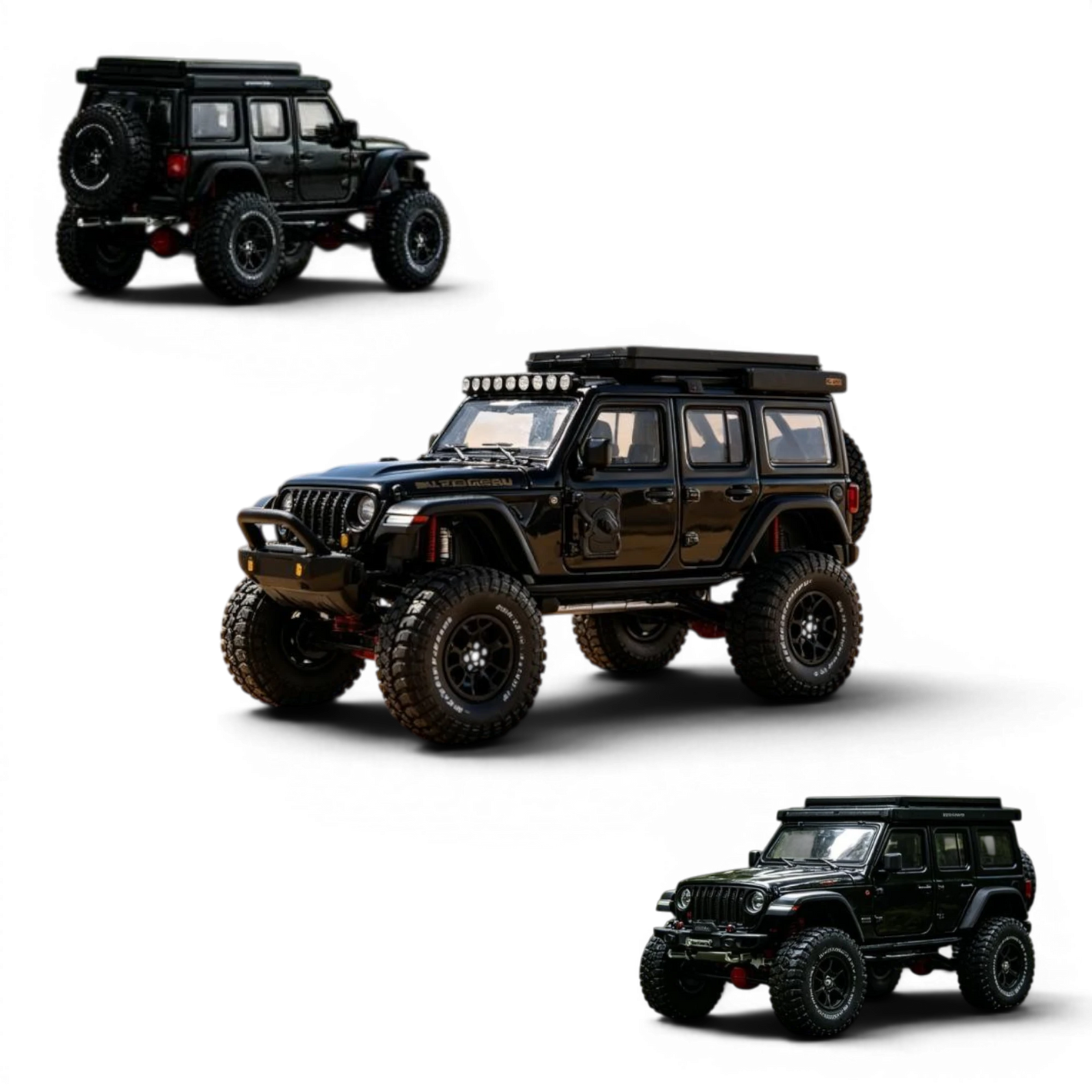 Lot57Supplies Diecast Shop black alloy Jeep Wrangler Rubicon 1:64 scale model with roof rack and off-road tires.
