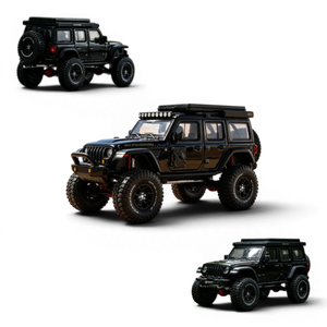 Lot57Supplies Diecast Shop black alloy Jeep Wrangler Rubicon 1:64 scale model with roof rack and off-road tires.