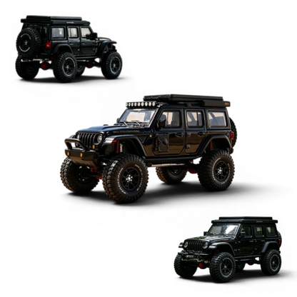 Lot57Supplies Diecast Shop black alloy Jeep Wrangler Rubicon 1:64 scale model with roof rack and off-road tires.