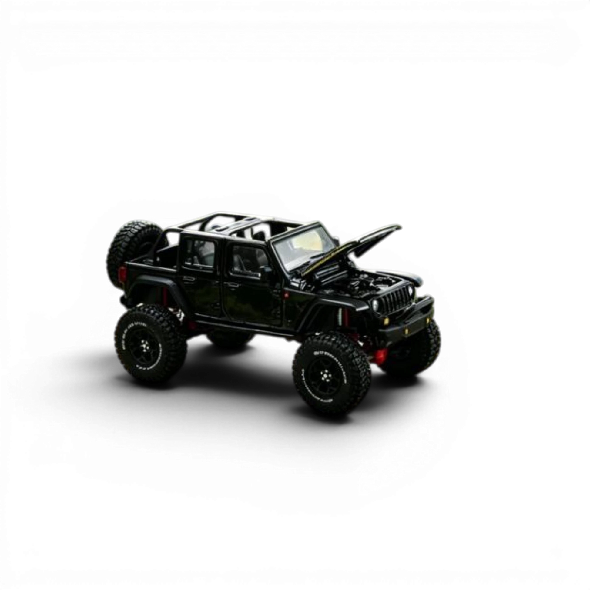 Lot57Supplies Diecast Shop black 1:64 scale Jeep Wrangler Rubicon alloy model with hood open and spare tire.