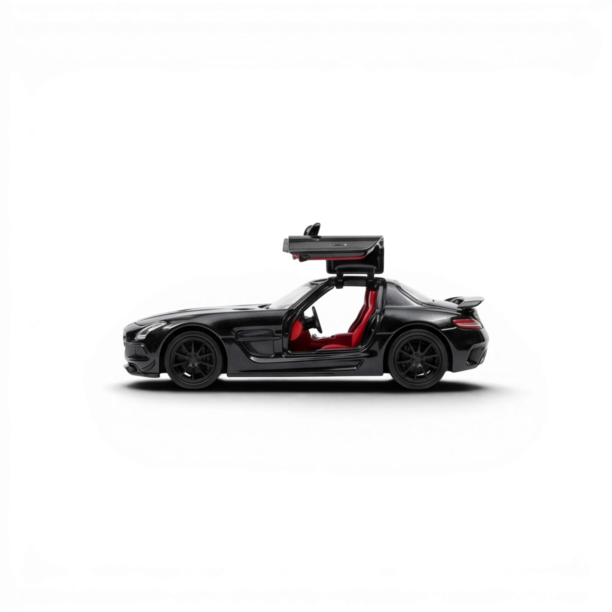Lot57Supplies Diecast Shop black 1:64 scale Mercedes-Benz SLS AMG BS model car with red interior and gullwing doors open.