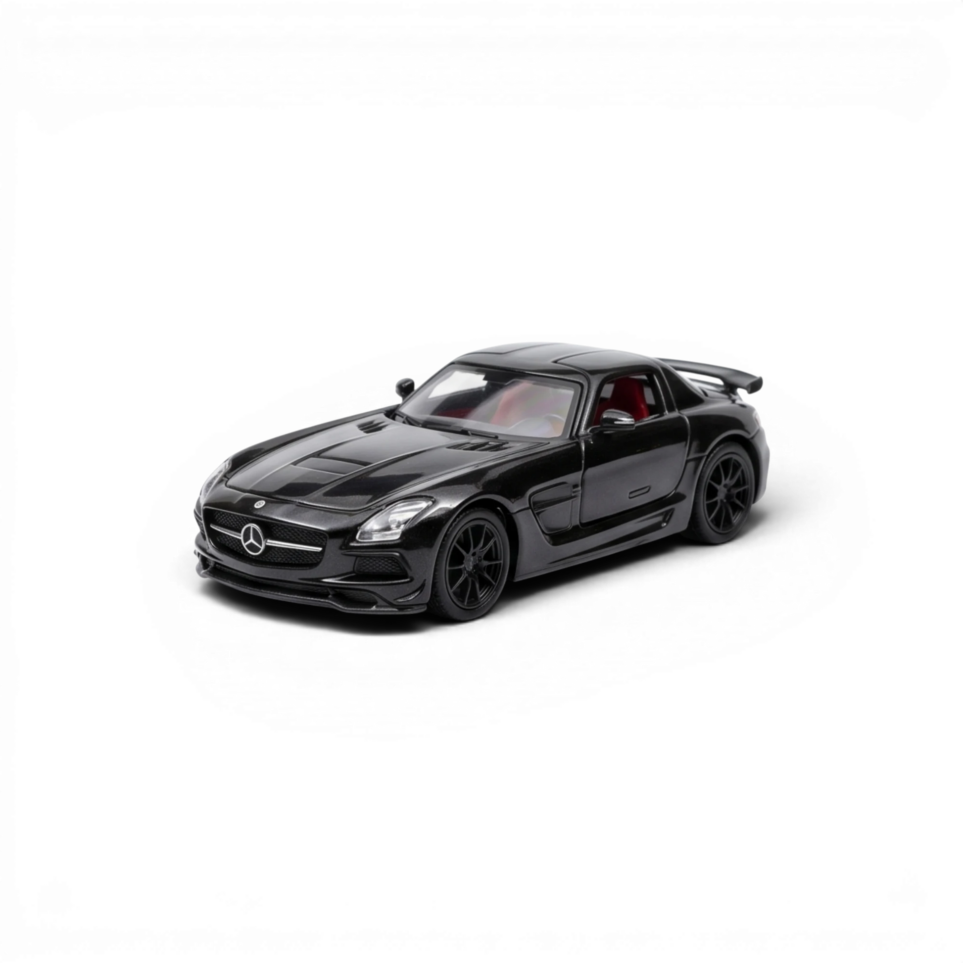 Lot57Supplies Diecast Shop black 1:64 scale Mercedes-Benz SLS AMG BS diecast model with opening doors and red interior.