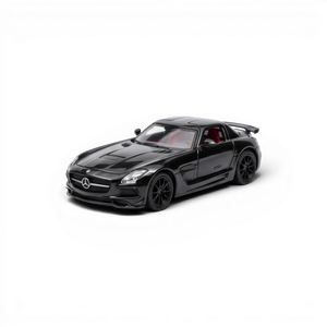 Lot57Supplies Diecast Shop black 1:64 scale Mercedes-Benz SLS AMG BS diecast model with opening doors and red interior.
