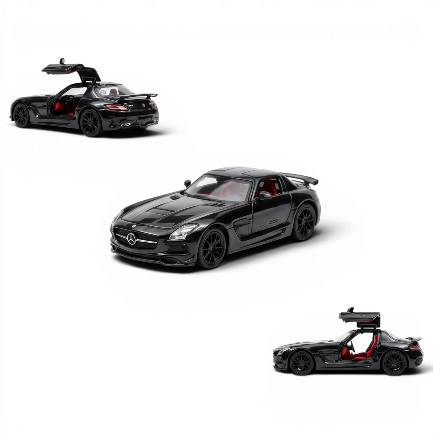 Lot57Supplies Diecast Shop black 1:64 scale Mercedes-Benz SLS AMG BS model car with red interior and gullwing doors.