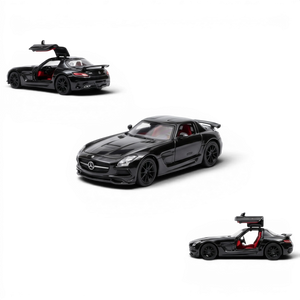 Lot57Supplies Diecast Shop black 1:64 scale Mercedes-Benz SLS AMG BS model car with red interior and gullwing doors.