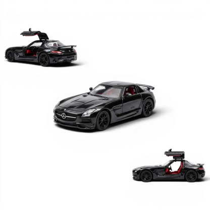 Lot57Supplies Diecast Shop black 1:64 scale Mercedes-Benz SLS AMG BS model car with red interior and gullwing doors.