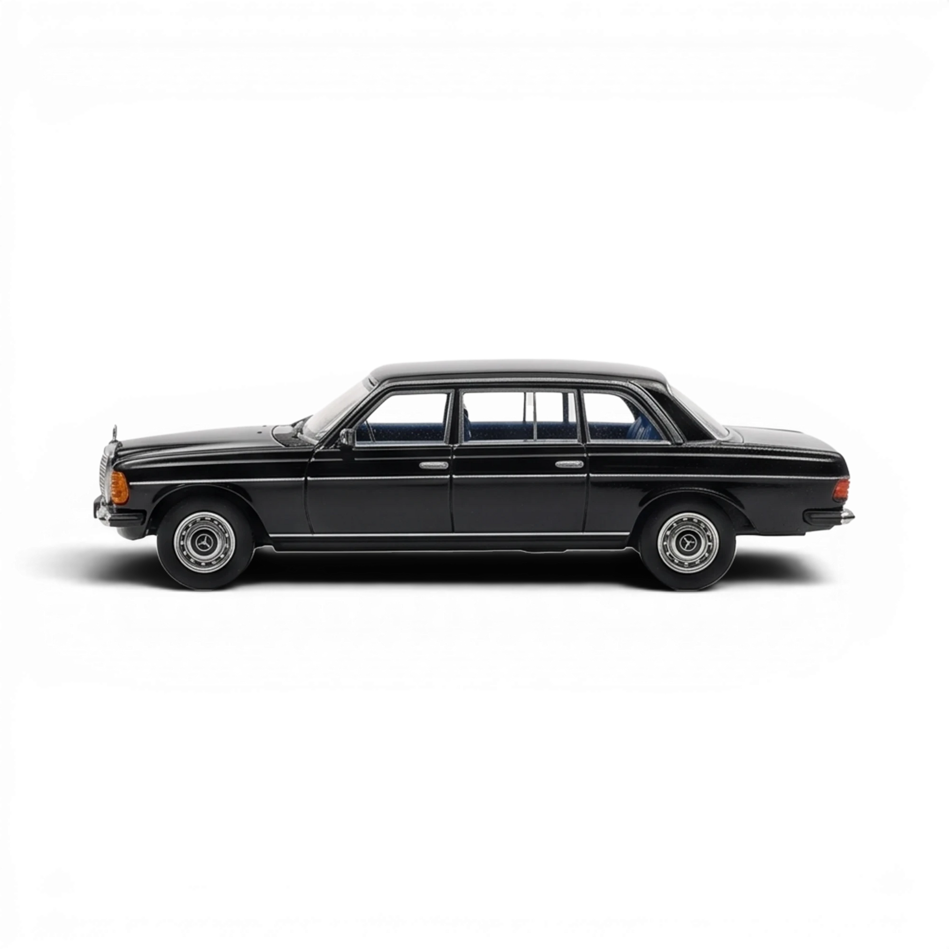 Lot57Supplies Diecast Shop 1:64 scale black Mercedes-Benz W123 Limo 240D diecast model car, side profile view.