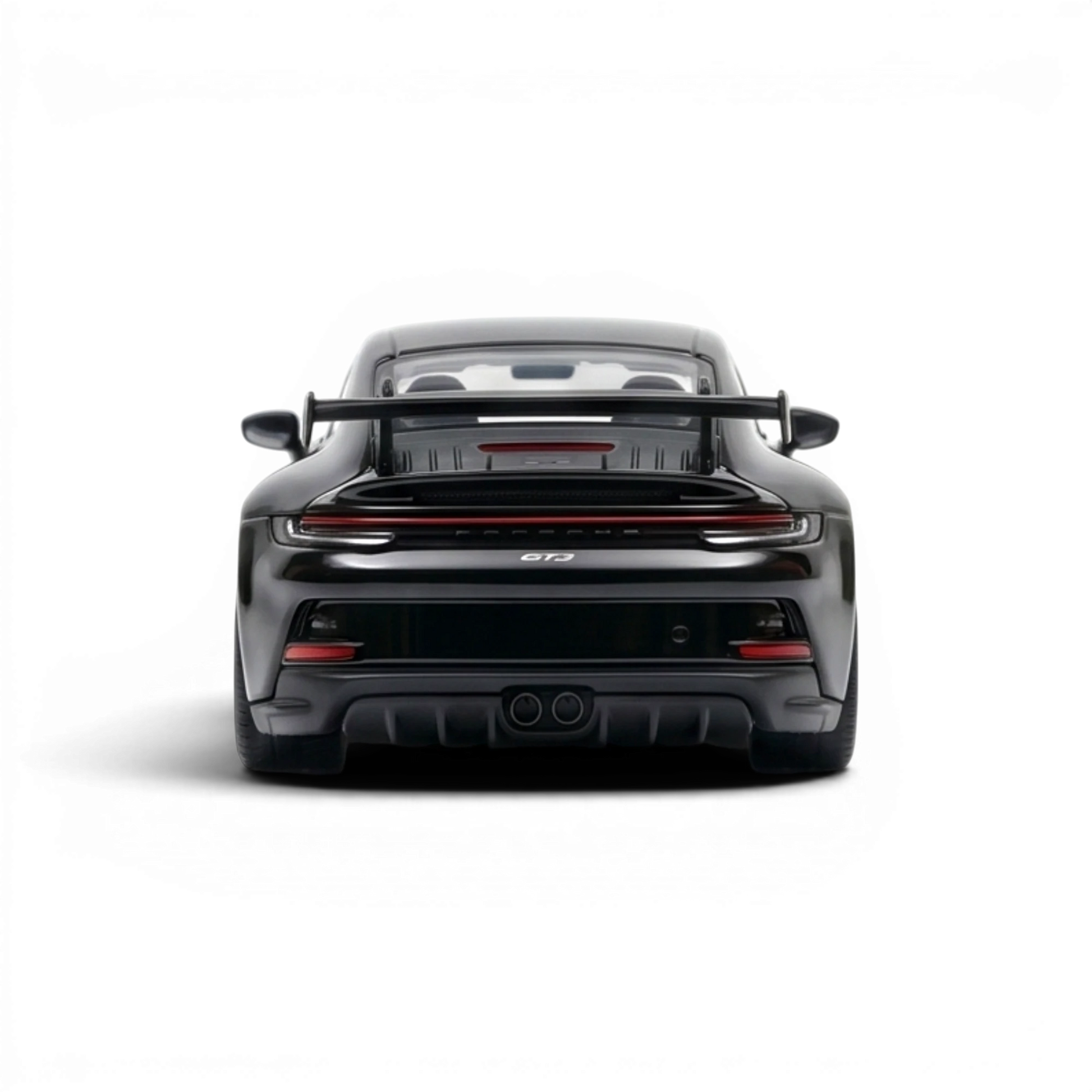Lot57Supplies Diecast Shop black 1:64 scale resin Porsche 911 GT3 model with large rear wing and dual exhaust.