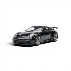 Lot57Supplies Diecast Shop black 1:64 scale resin Porsche 911 GT3 model with detailed wheels and spoiler.