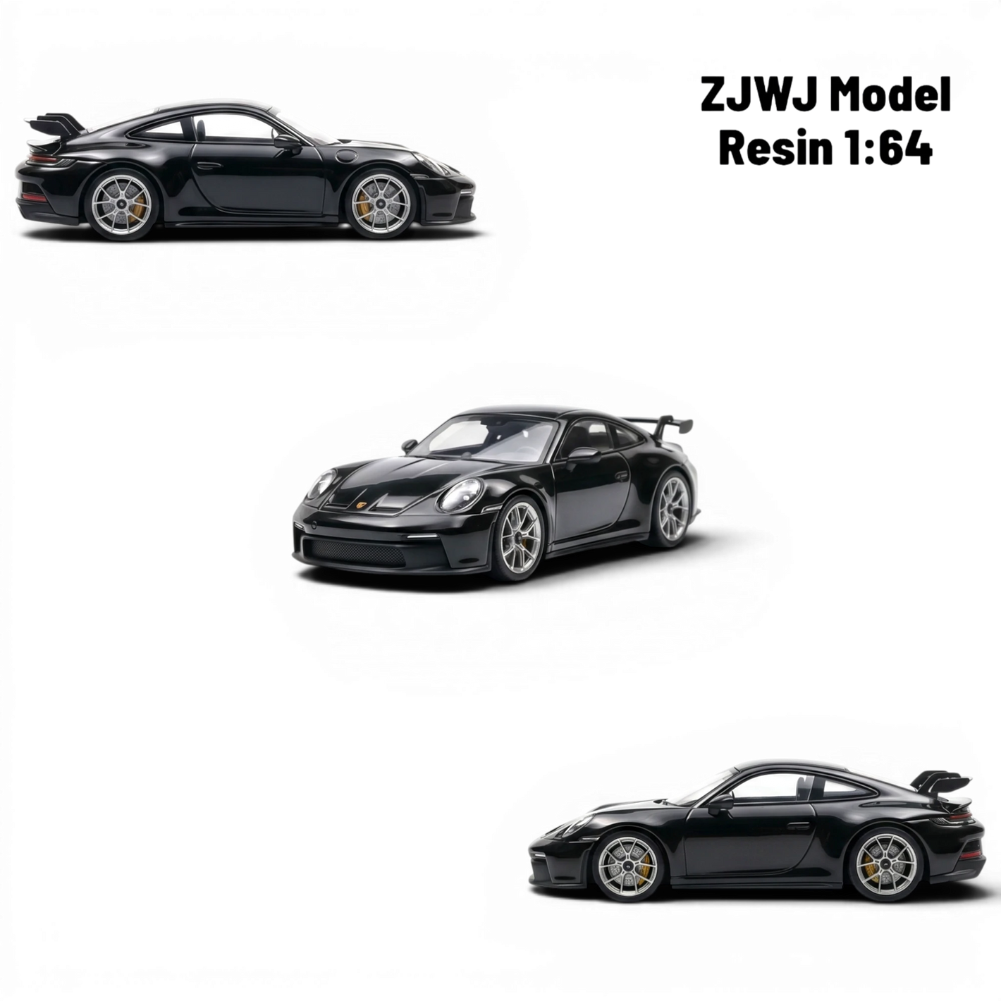 Lot57Supplies Diecast Shop black resin 1:64 scale ZJWJ Porsche 911 GT3 model with silver wheels and yellow brake calipers.
