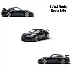 Lot57Supplies Diecast Shop black resin 1:64 scale ZJWJ Porsche 911 GT3 model with silver wheels and yellow brake calipers.