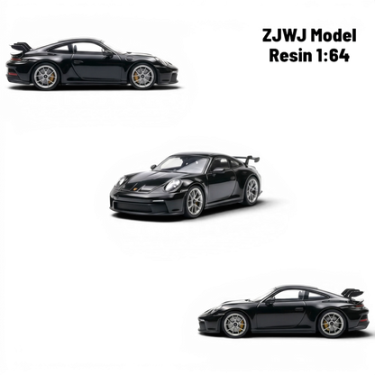 Lot57Supplies Diecast Shop black resin 1:64 scale ZJWJ Porsche 911 GT3 model with silver wheels and yellow brake calipers.