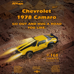Lot57Supplies Diecast Shop bliss 1978 Camaro Bumblebee diecast model car in a rugged off-road exhibition setting