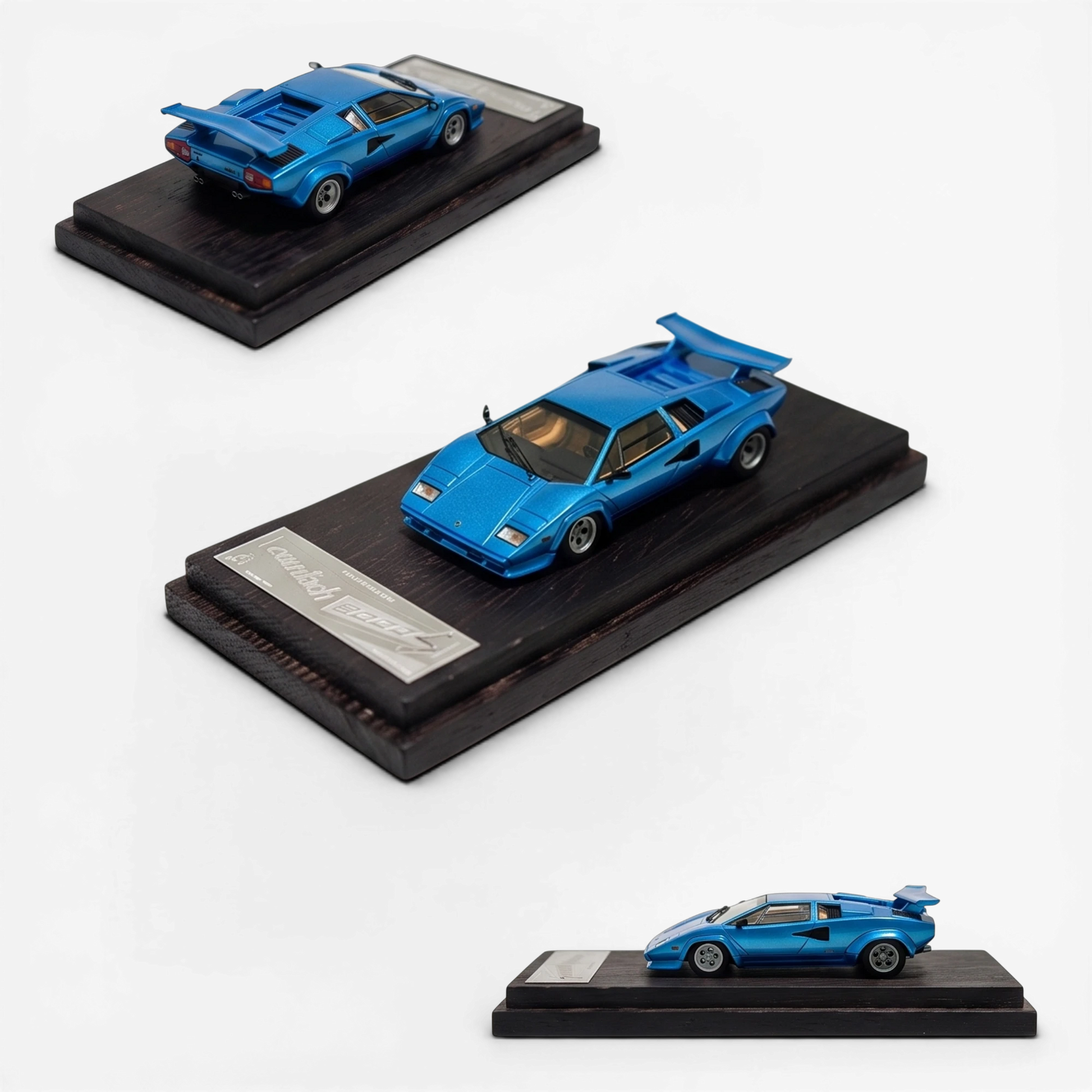 Lot57Supplies Diecast Shop DeepMaker 1:64 scale blue Lamborghini Countach 5000S resin model on a wooden display base
