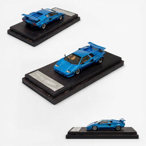 Lot57Supplies Diecast Shop DeepMaker 1:64 scale blue Lamborghini Countach 5000S resin model on a wooden display base