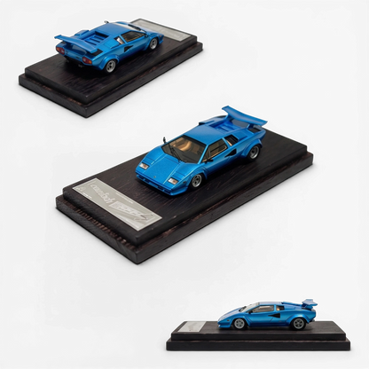 Lot57Supplies Diecast Shop DeepMaker 1:64 scale blue Lamborghini Countach 5000S resin model on a wooden display base