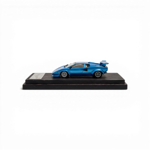 Lot57Supplies Diecast Shop DeepMaker Countach 5000S 1:64 scale resin model car in blue on a wooden display base.