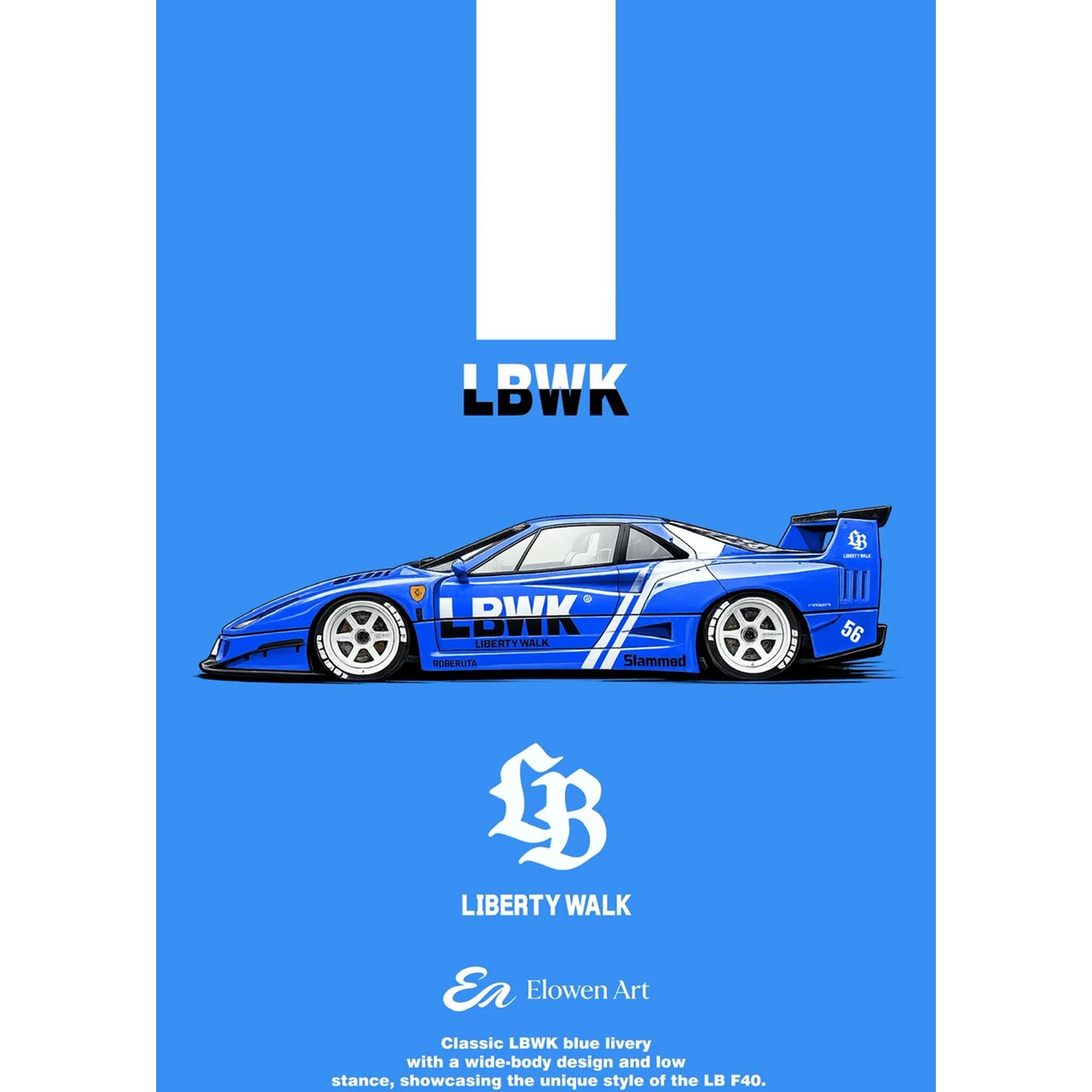 Lot57Supplies Diecast Shop Elowen Art 1:64 scale blue Ferrari F40 LBWK diecast model with wide-body slammed stance