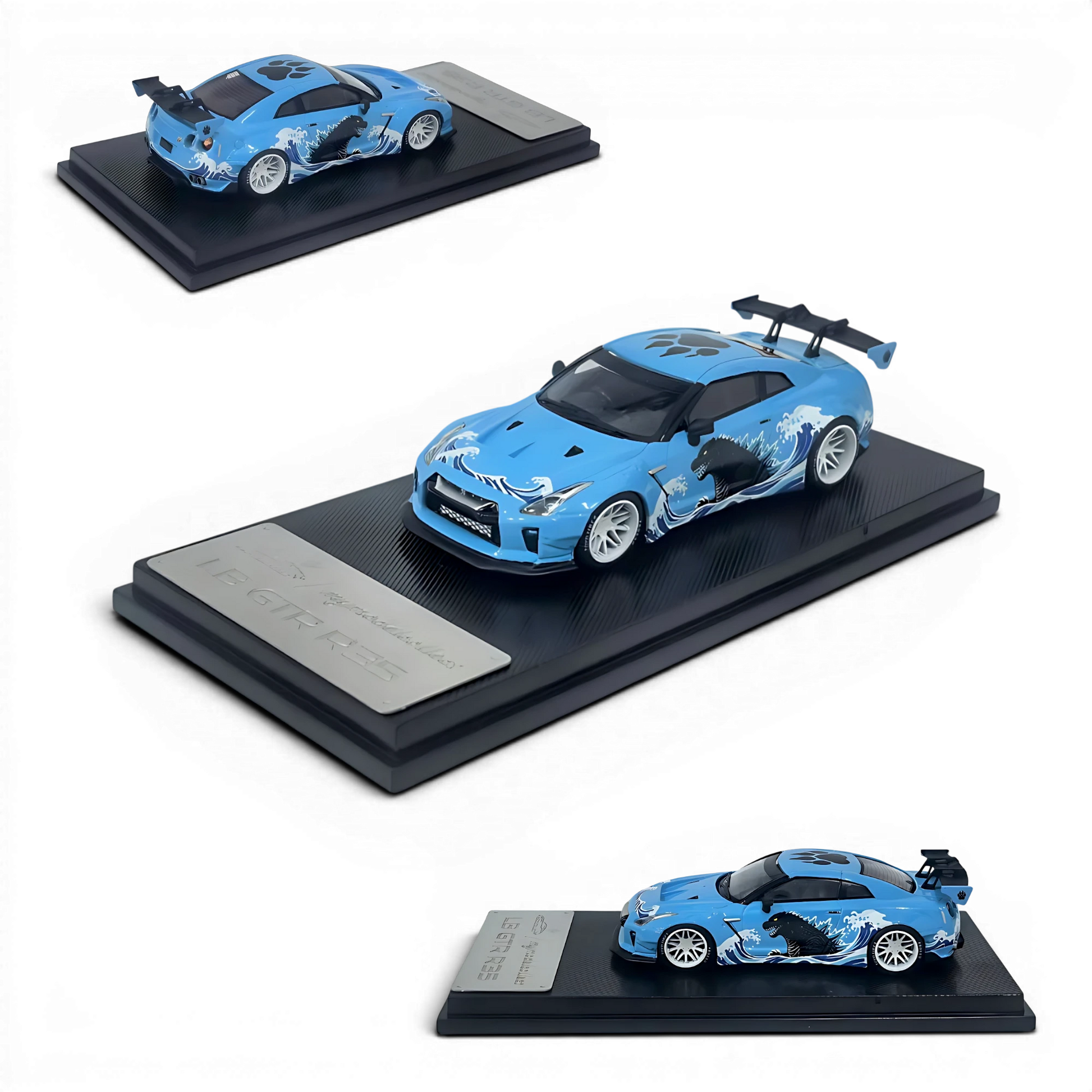 Lot57Supplies Diecast Shop 1:64 scale MC LB GTR 1.5v diecast model car in blue with Godzilla livery and white wheels.