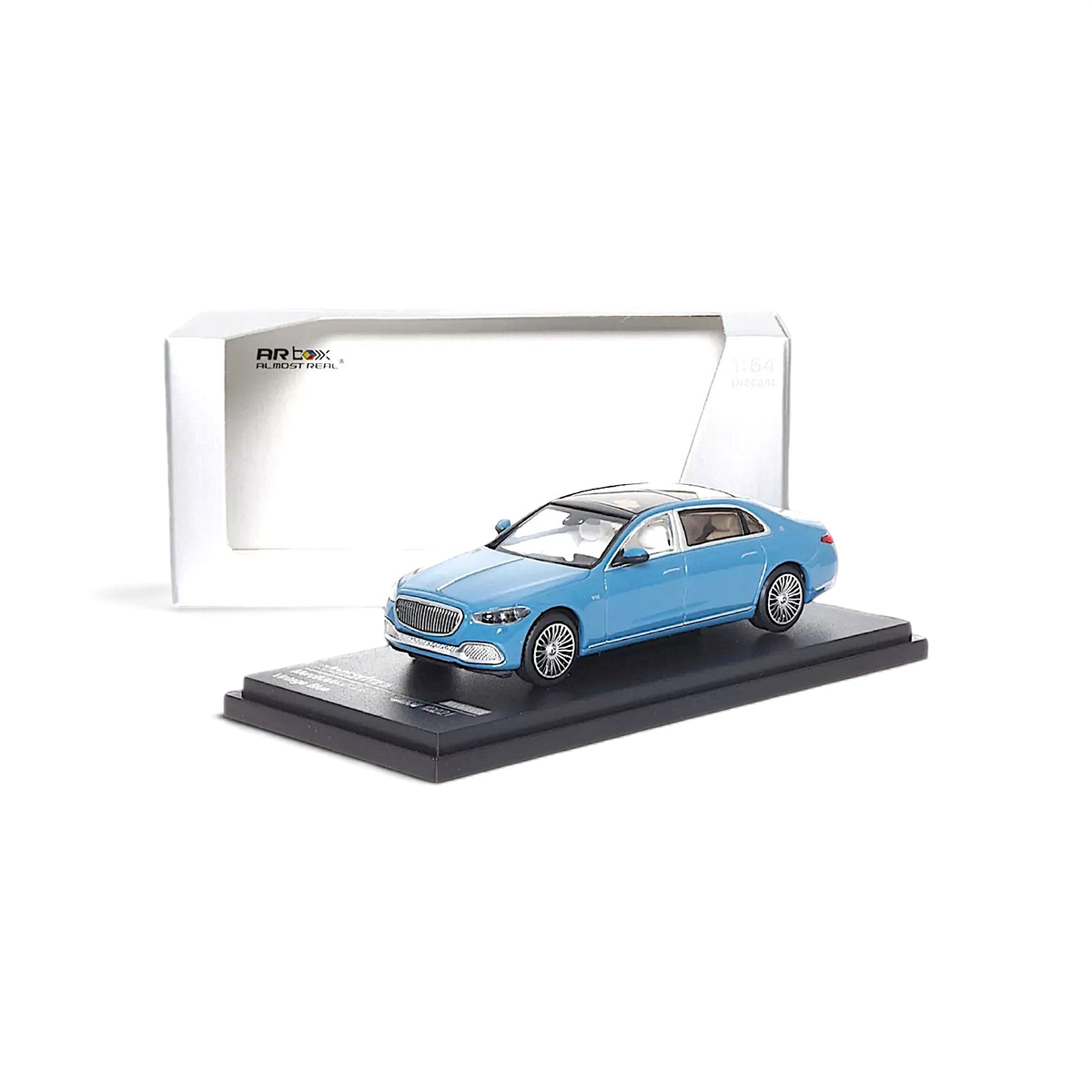 Lot57Supplies Diecast Shop AR BOX 1:64 scale blue Mercedes-Benz Maybach W223 diecast model car on display stand