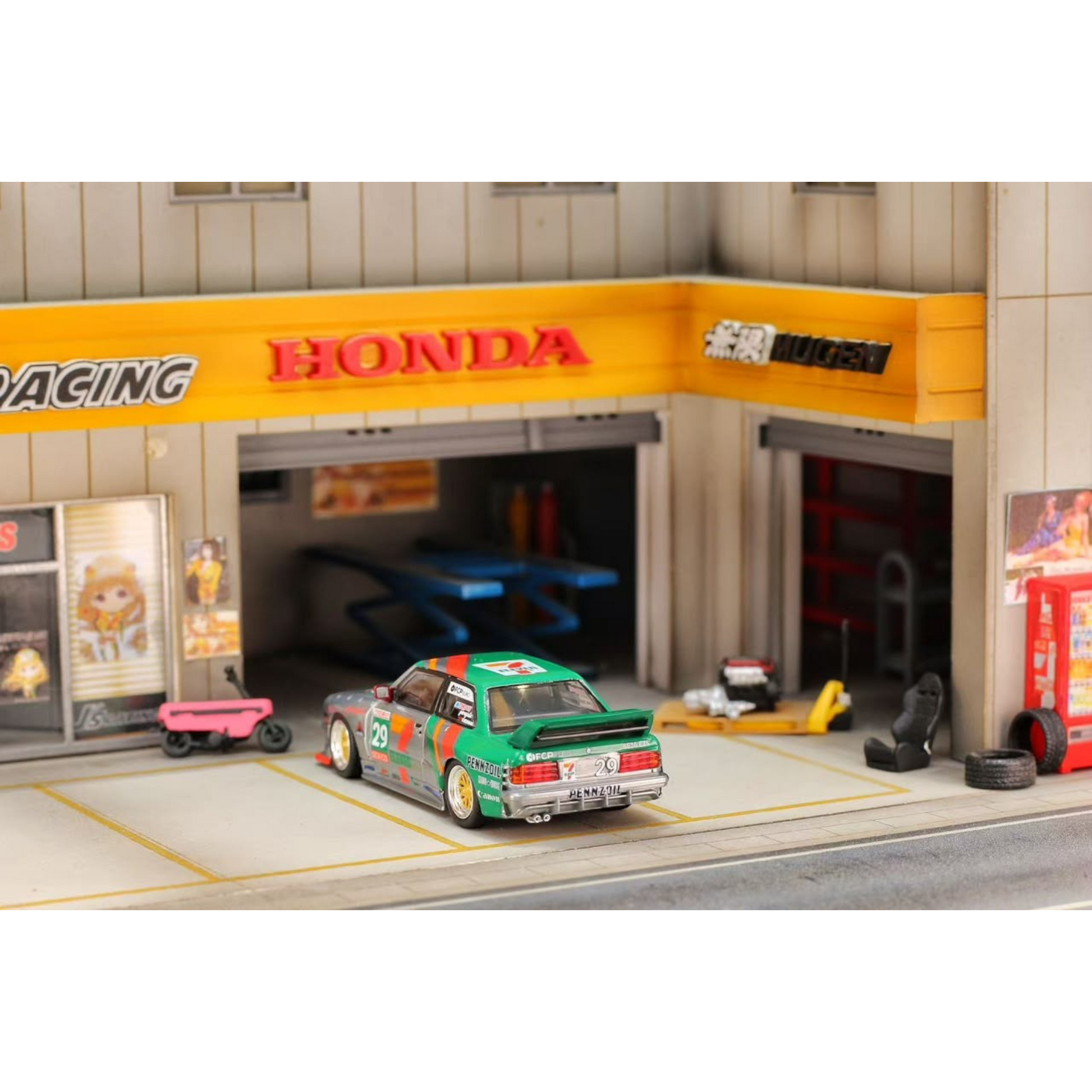 Lot57Supplies Diecast Shop 1:64 scale GHOST PLAYER BMW E30 diecast car in 7-Eleven livery parked in a miniature garage
