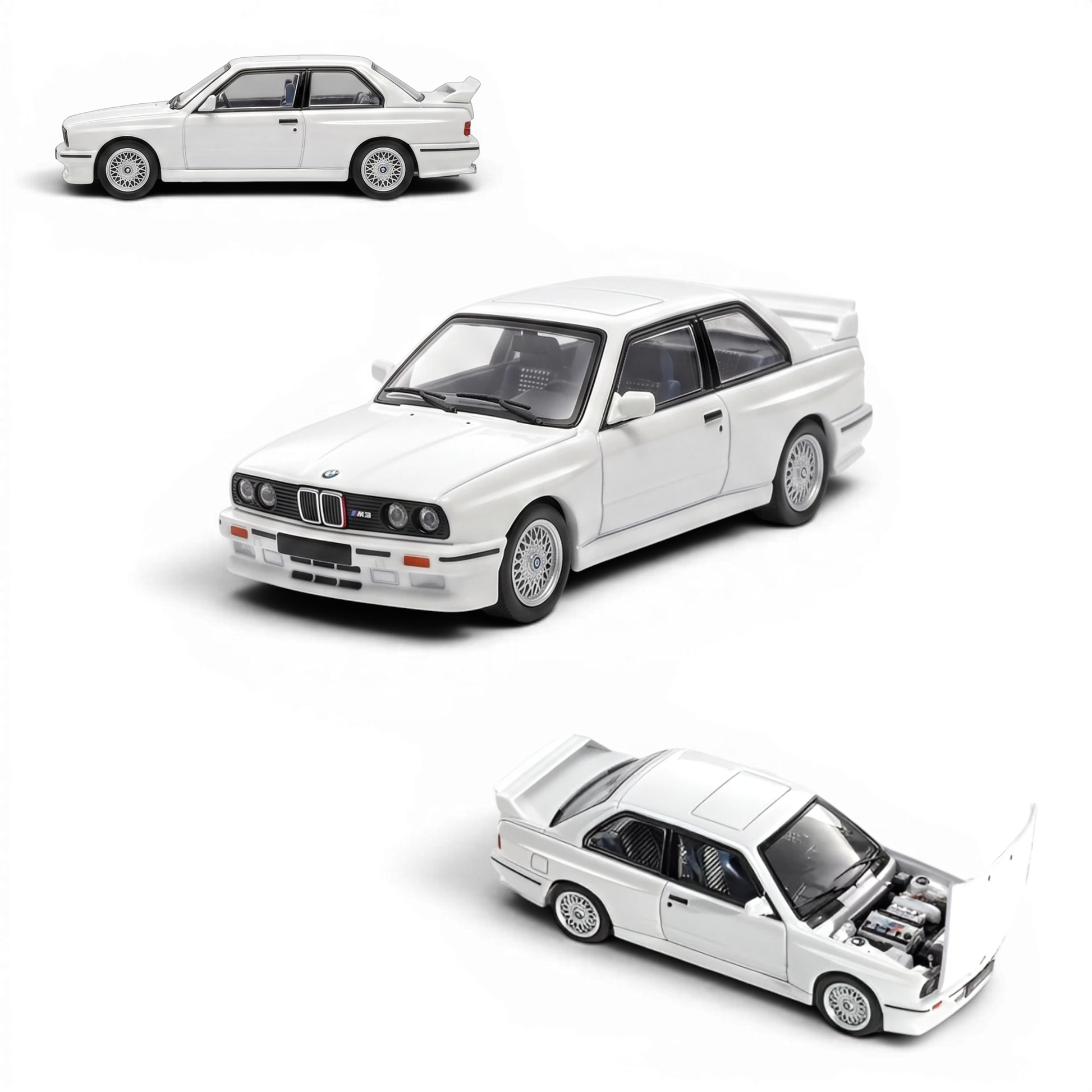 Lot57Supplies Diecast Shop Mortal 1:64 scale pearl white BMW E30 M3 diecast model car with opening engine hood.
