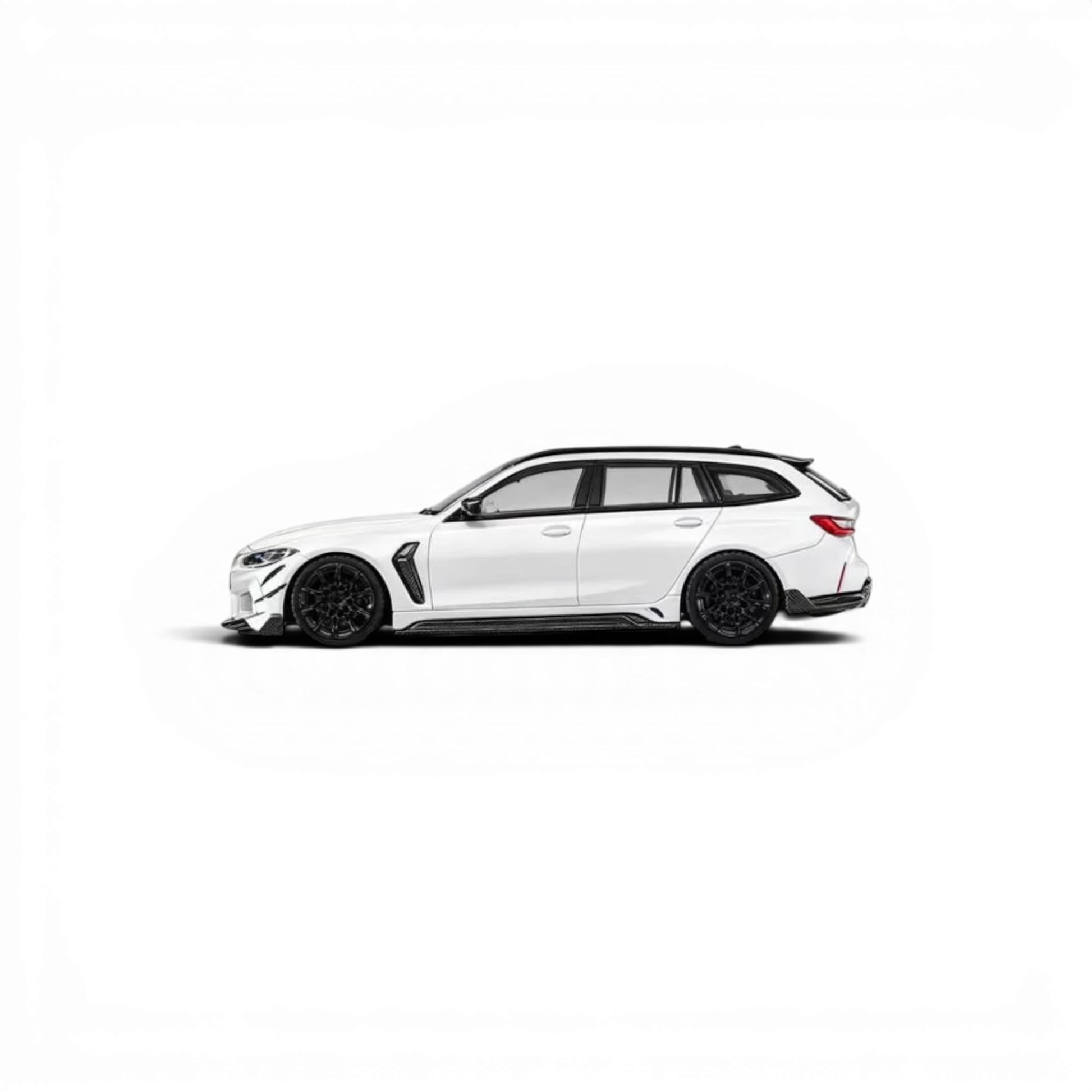 Lot57Supplies Diecast Shop 1:64 scale metallic white BMW M3 Touring Alaska diecast model car, side profile view.