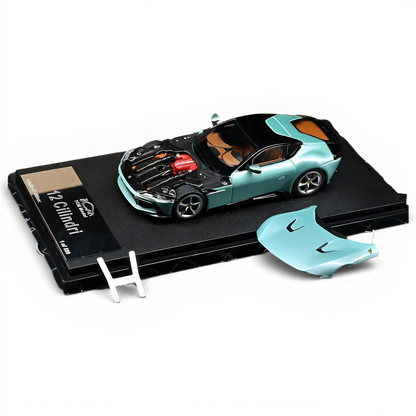 Lot57Supplies Diecast Shop 1:64 scale 7cm Model 12 cilindri supercar in Celeste Trevi with open hood and display base