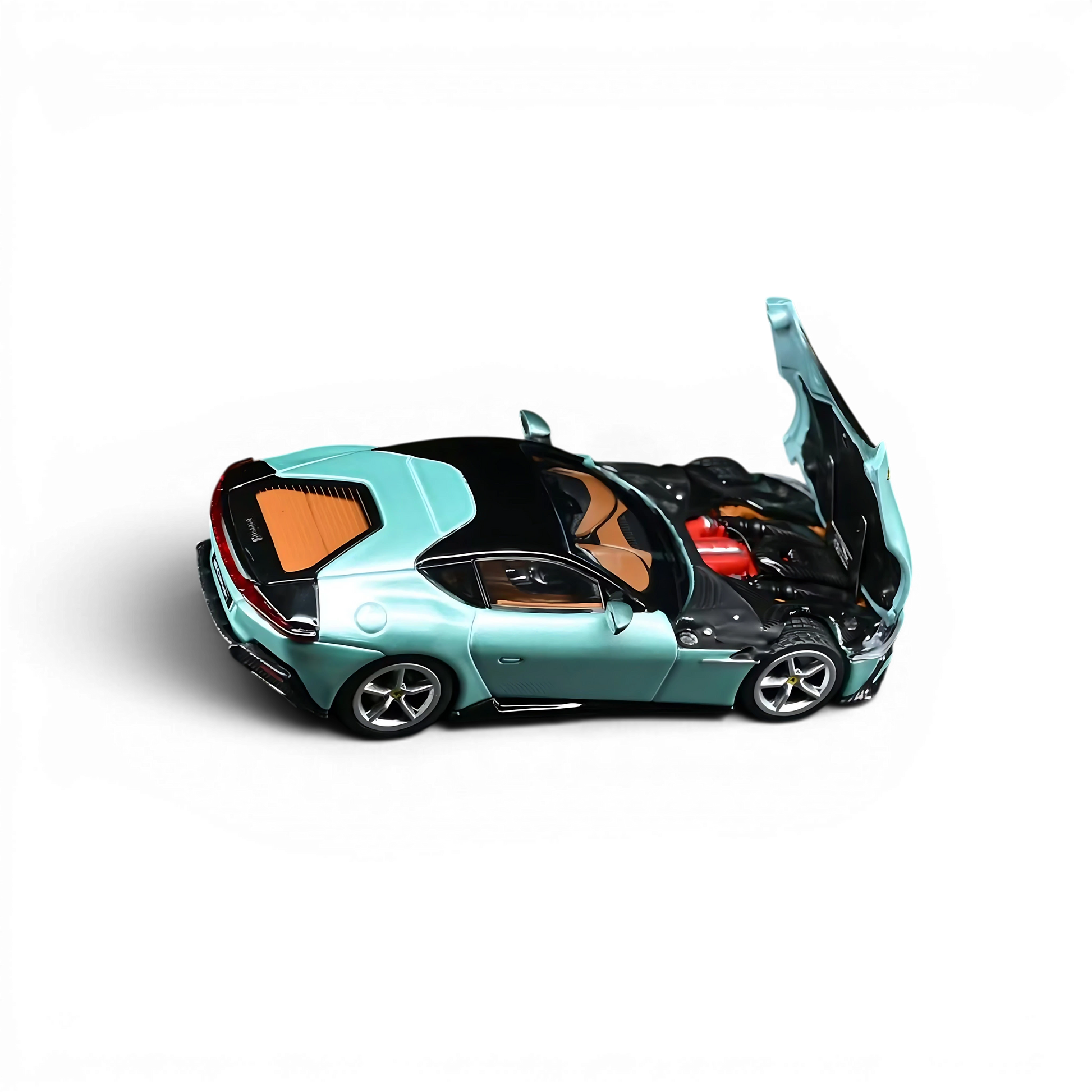 Lot57Supplies Diecast Shop 1:64 scale 7cm Model 12 cilindri supercar in Celeste Trevi with open hood and tan interior