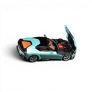 Lot57Supplies Diecast Shop 1:64 scale 7cm Model 12 cilindri supercar in Celeste Trevi with open hood and tan interior