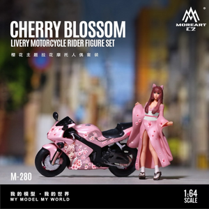 Lot57Supplies Diecast Shop 1:64 scale resin motorcycle rider figure set featuring a pink cherry blossom livery bike