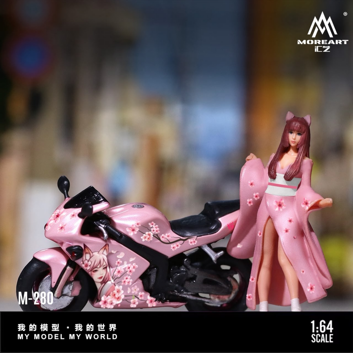 Lot57Supplies Diecast Shop 1:64 scale MoreArt resin motorcycle and rider figure set with cherry blossom livery