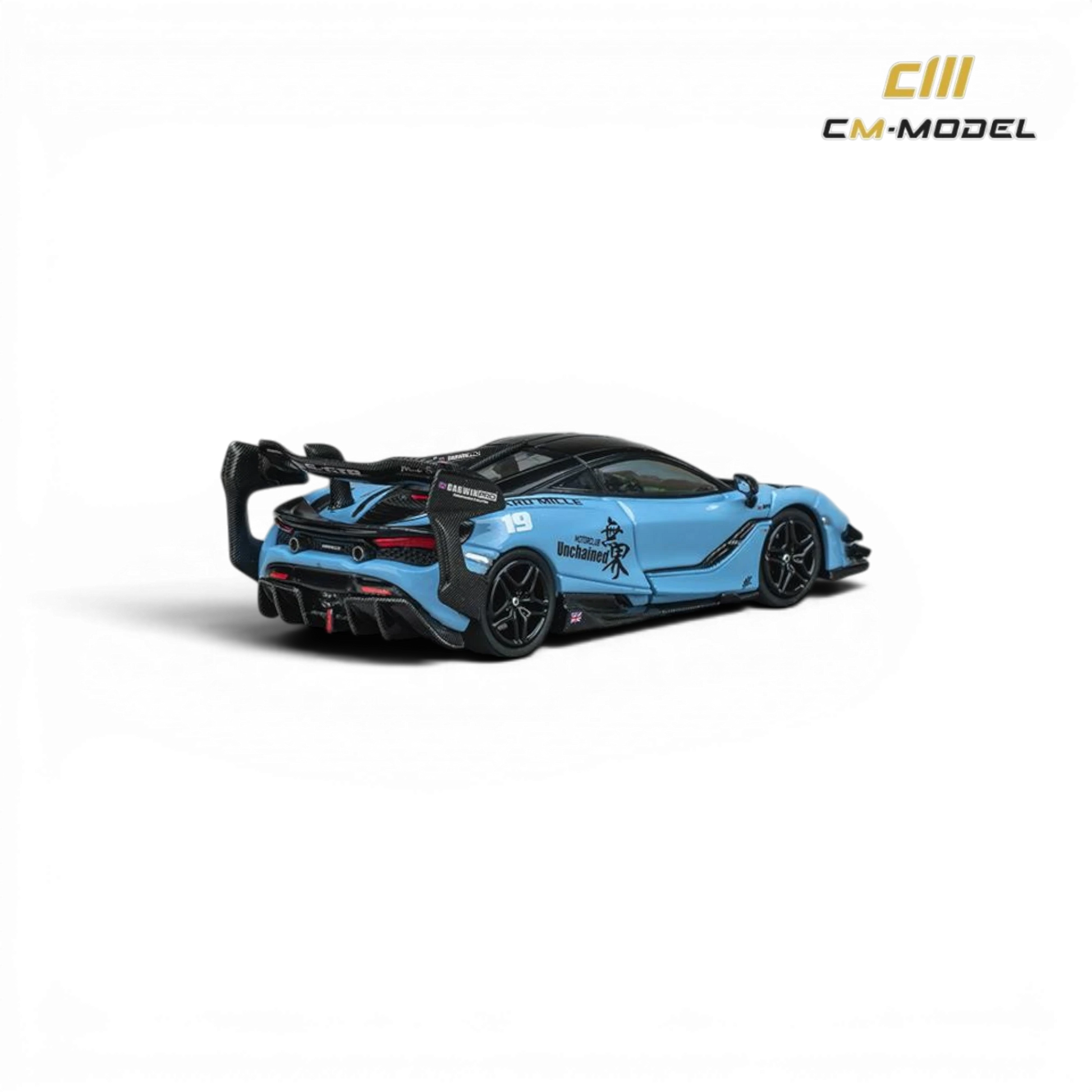 Lot57Supplies Diecast Shop CM Model Darwin 720Se²GT 1:64 scale diecast alloy model in Unchained Blue with racing decals and large rear wing.