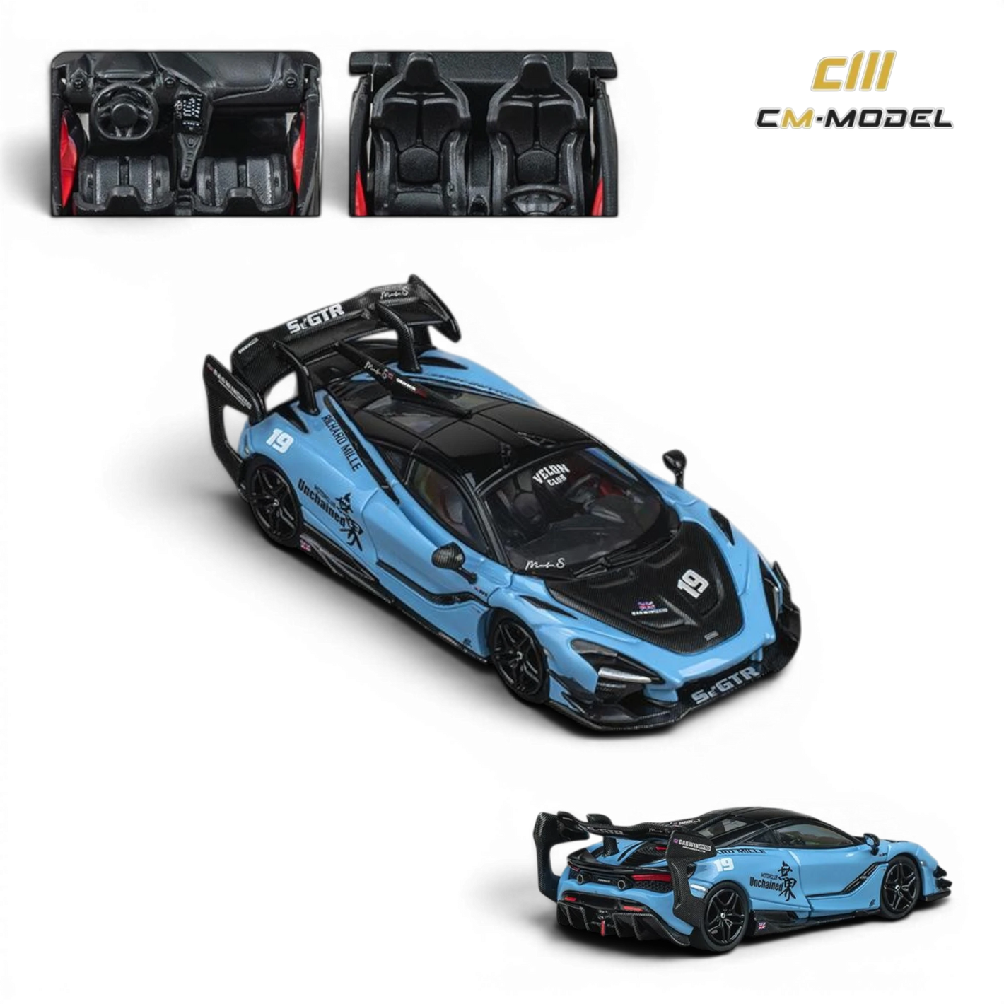 Lot57Supplies Diecast Shop CM Model Darwin 720Se²GT 1:64 scale diecast alloy model in Unchained Blue with racing decals and detailed interior.