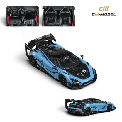 Lot57Supplies Diecast Shop CM Model Darwin 720Se²GT 1:64 scale diecast alloy model in Unchained Blue with racing decals and detailed interior.