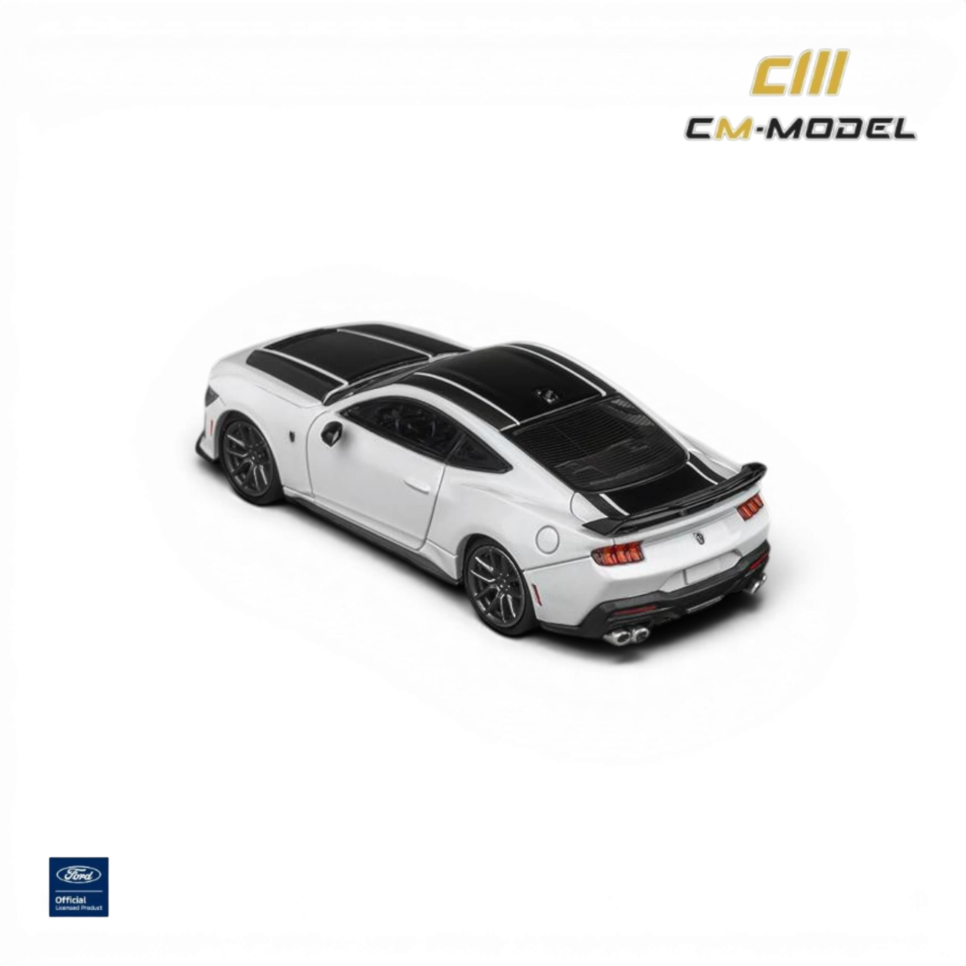 Lot57Supplies Diecast Shop CM Model 1:64 Oxford White Ford Mustang Dark Horse diecast car with black racing stripes and black roof.