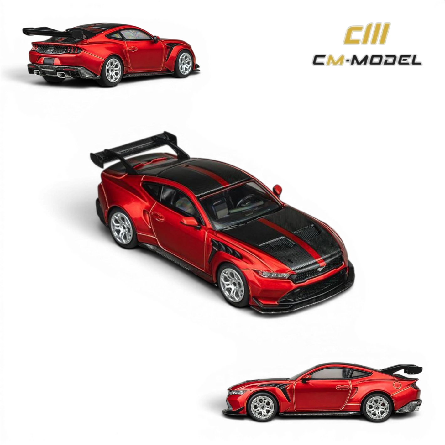 Lot57Supplies Diecast Shop CM Model Ford Mustang GTD 1:64 scale diecast model in Flame Red with black racing stripes and carbon fiber accents.