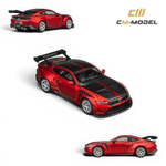 Lot57Supplies Diecast Shop CM Model Ford Mustang GTD 1:64 scale diecast model in Flame Red with black racing stripes and carbon fiber accents.