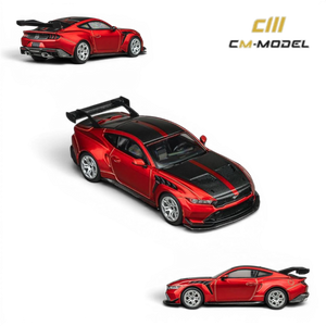 Lot57Supplies Diecast Shop CM Model Ford Mustang GTD 1:64 scale diecast model in Flame Red with black racing stripes and carbon fiber accents.