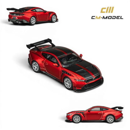 Lot57Supplies Diecast Shop CM Model Ford Mustang GTD 1:64 scale diecast model in Flame Red with black racing stripes and carbon fiber accents.