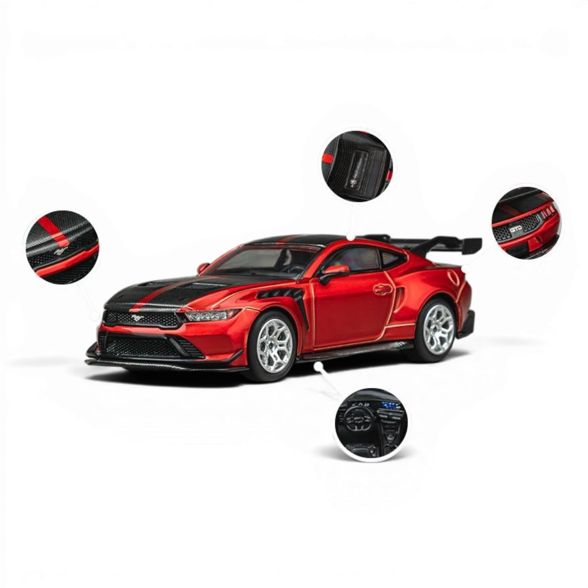 Lot57Supplies Diecast Shop CM Model Ford Mustang GTD 1:64 scale diecast model in Flame Red with black racing stripes and GTD badging.