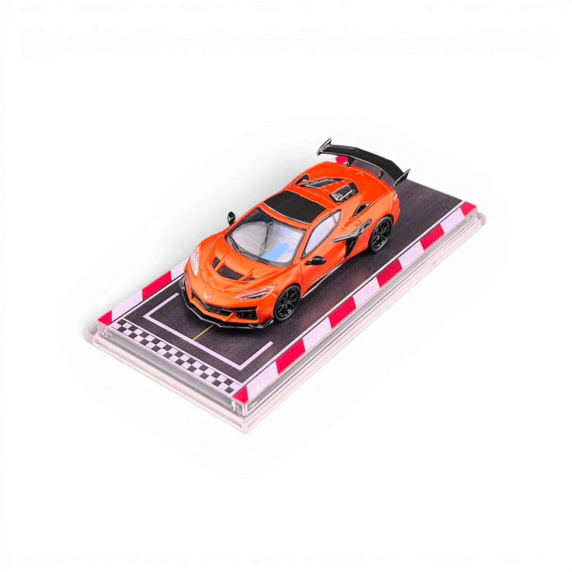 Lot57Supplies Diecast Shop 1:64 scale metallic flame orange Fine Works 64 Corvette C8 ZR1 diecast model with rubber tires and silky bearing wheels.