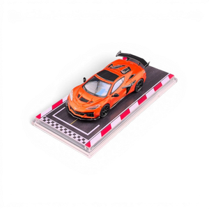 Lot57Supplies Diecast Shop 1:64 scale metallic flame orange Fine Works 64 Corvette C8 ZR1 diecast model with rubber tires and silky bearing wheels.